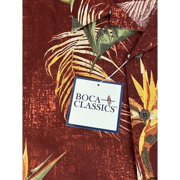 Vintage Boca Classics Shirt Men's L Maroon Short Slv Button Up Bird Of Paradise - Picture 2 of 8